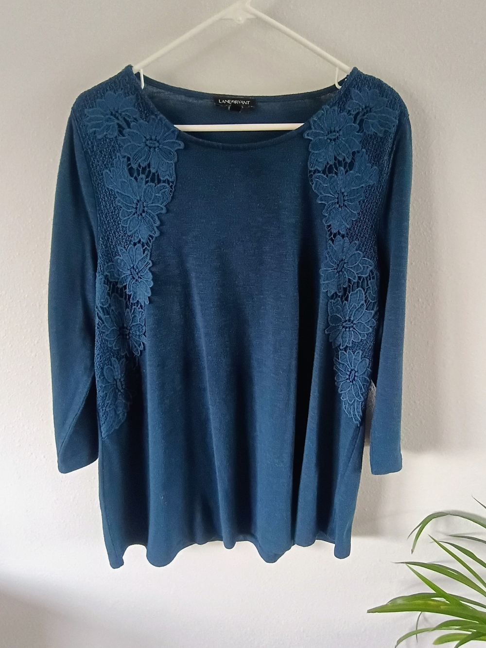 Lane Bryant Teal Floral Lace Accent 3/4 Sleeve Knit Top Plus Size 14/16